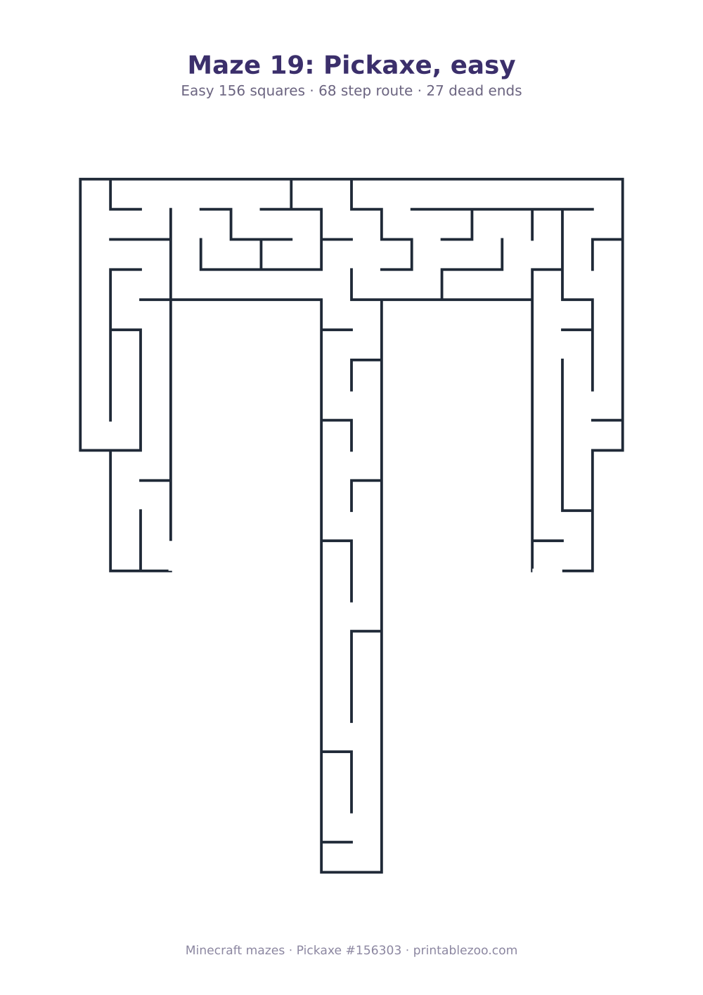 Printable pickaxe shaped maze, 156 squares and 27 dead ends, puzzle 156303
