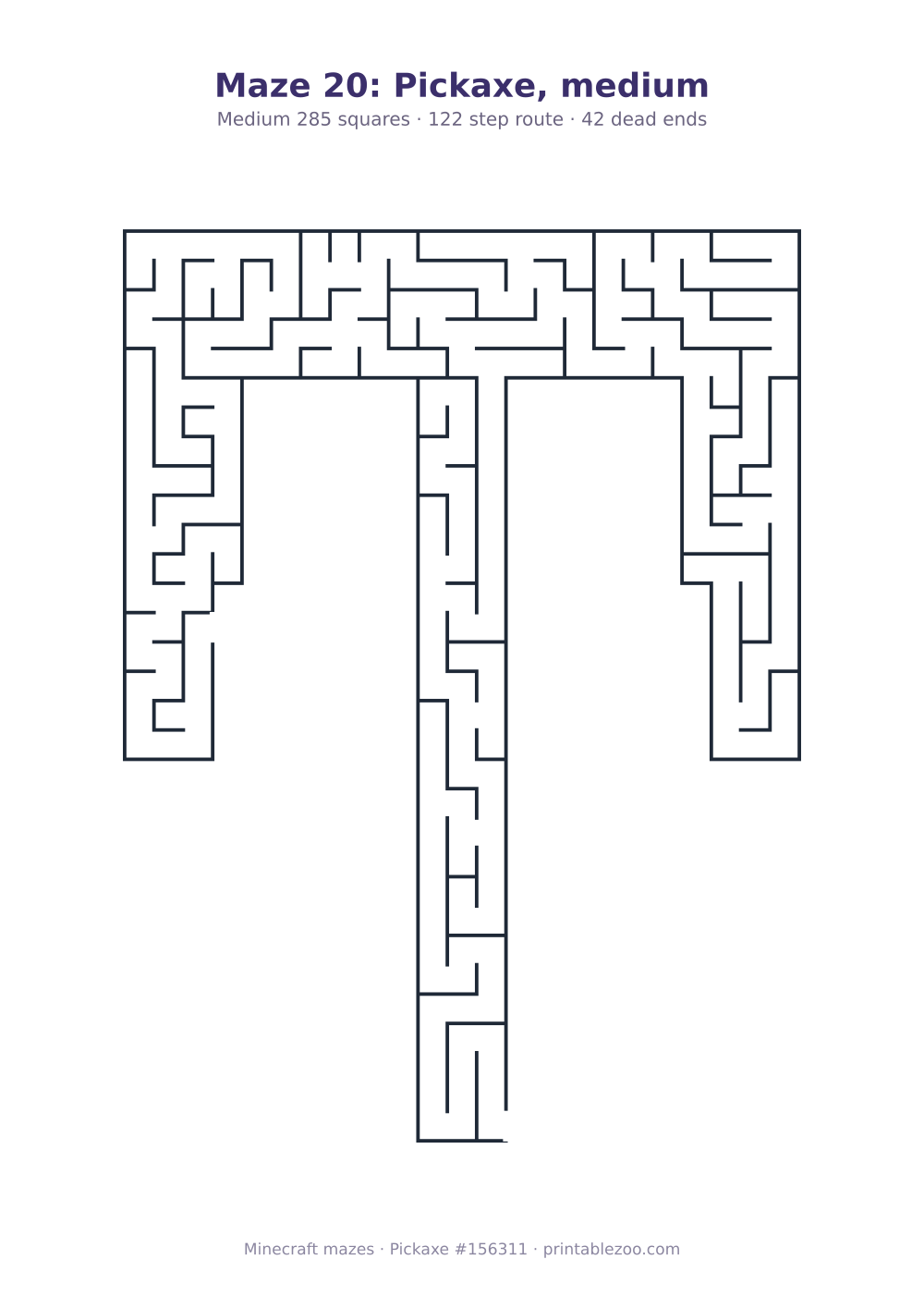 Printable pickaxe shaped maze, 285 squares and 42 dead ends, puzzle 156311