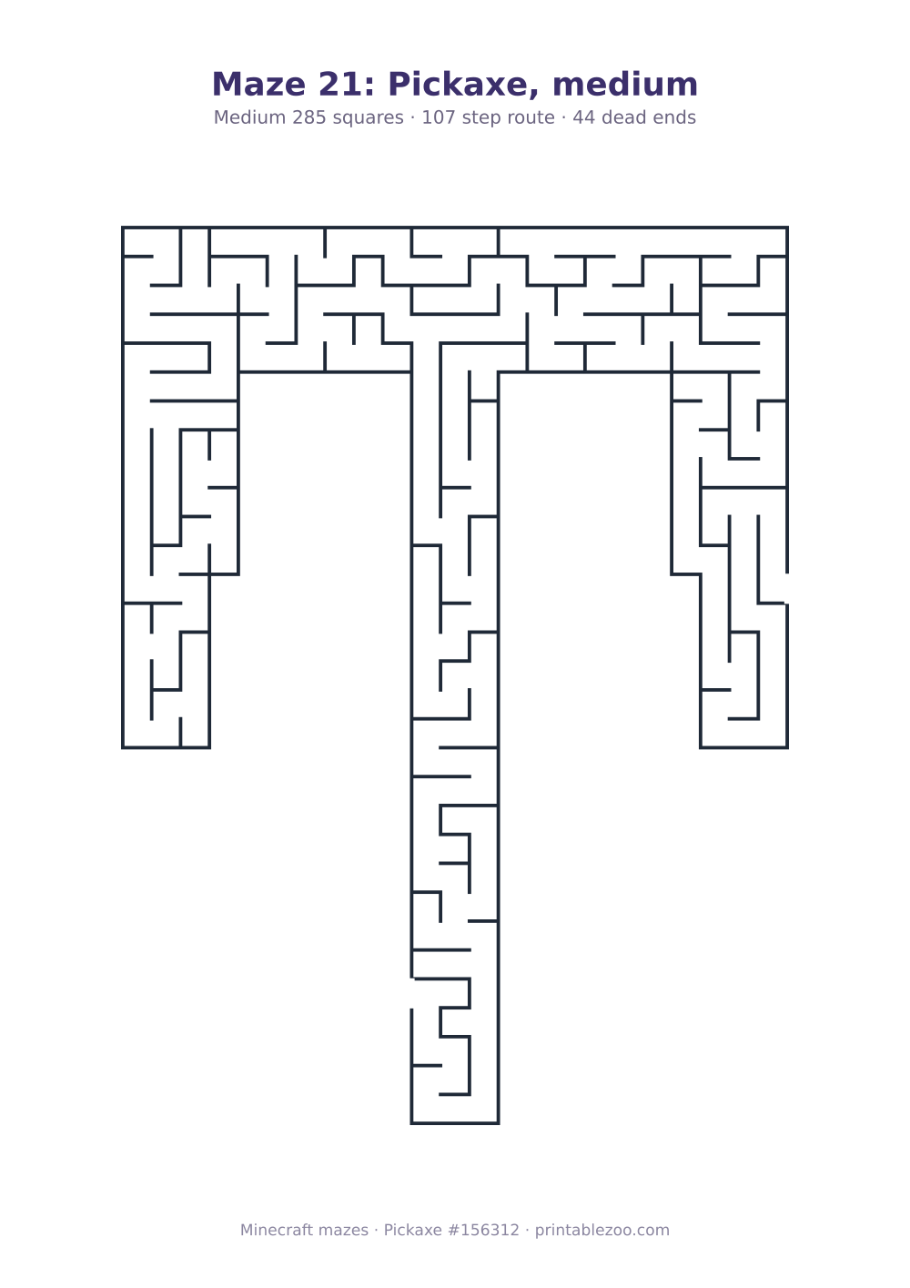 Printable pickaxe shaped maze, 285 squares and 44 dead ends, puzzle 156312