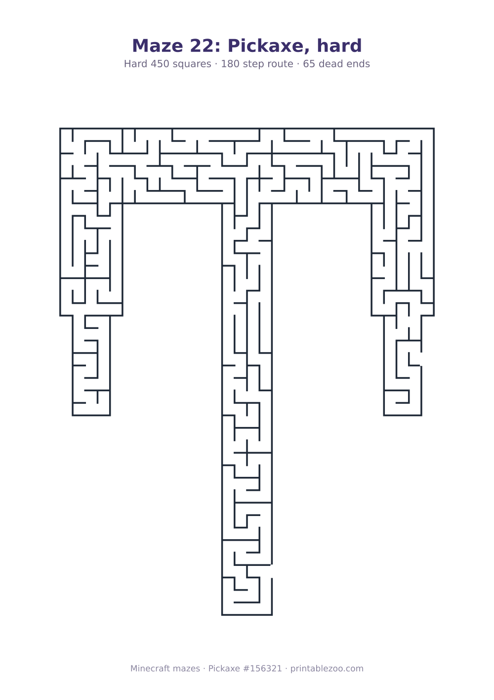 Printable pickaxe shaped maze, 450 squares and 65 dead ends, puzzle 156321