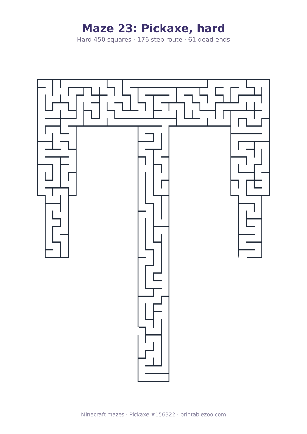 Printable pickaxe shaped maze, 450 squares and 61 dead ends, puzzle 156322