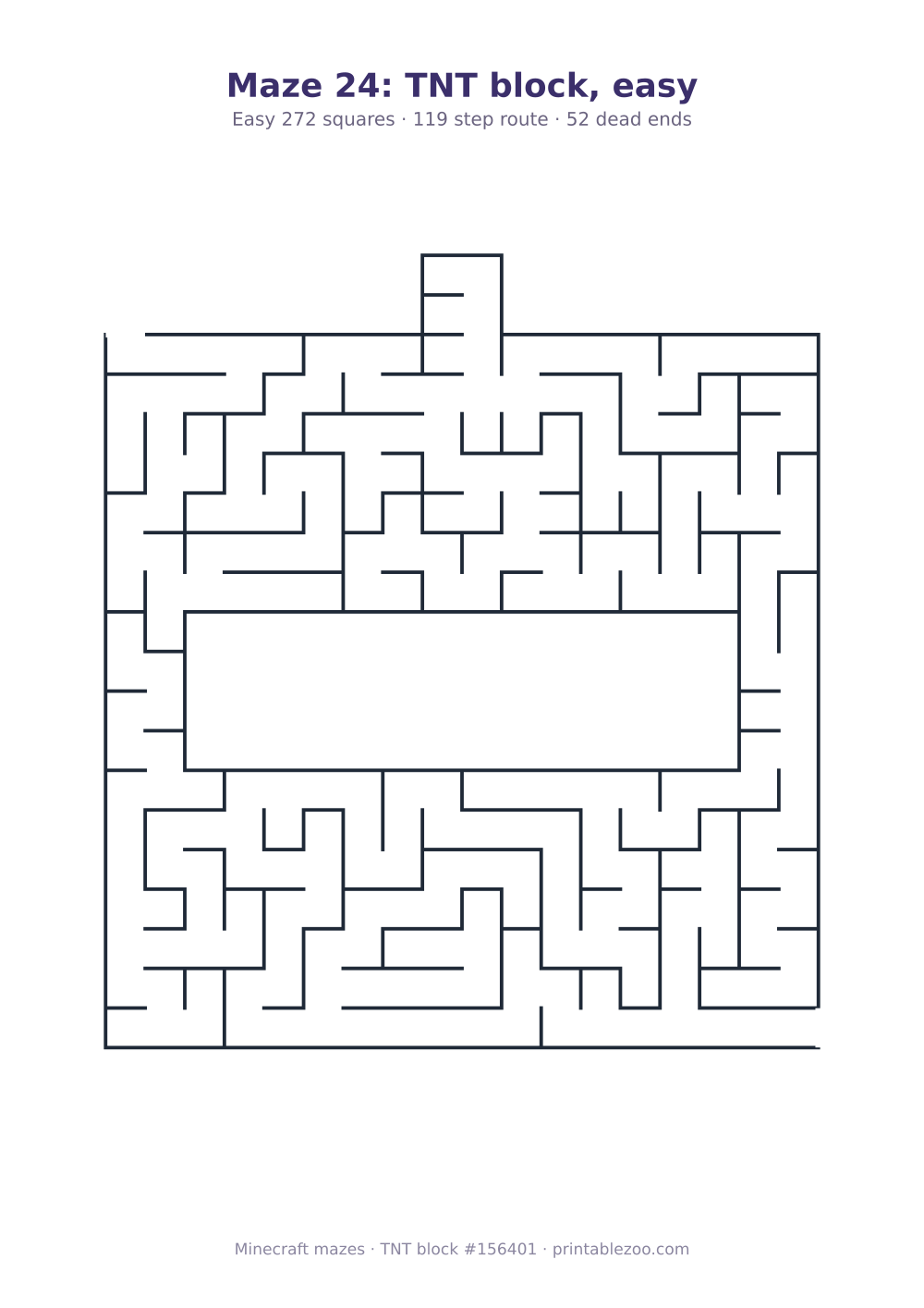 Printable tnt block shaped maze, 272 squares and 52 dead ends, puzzle 156401