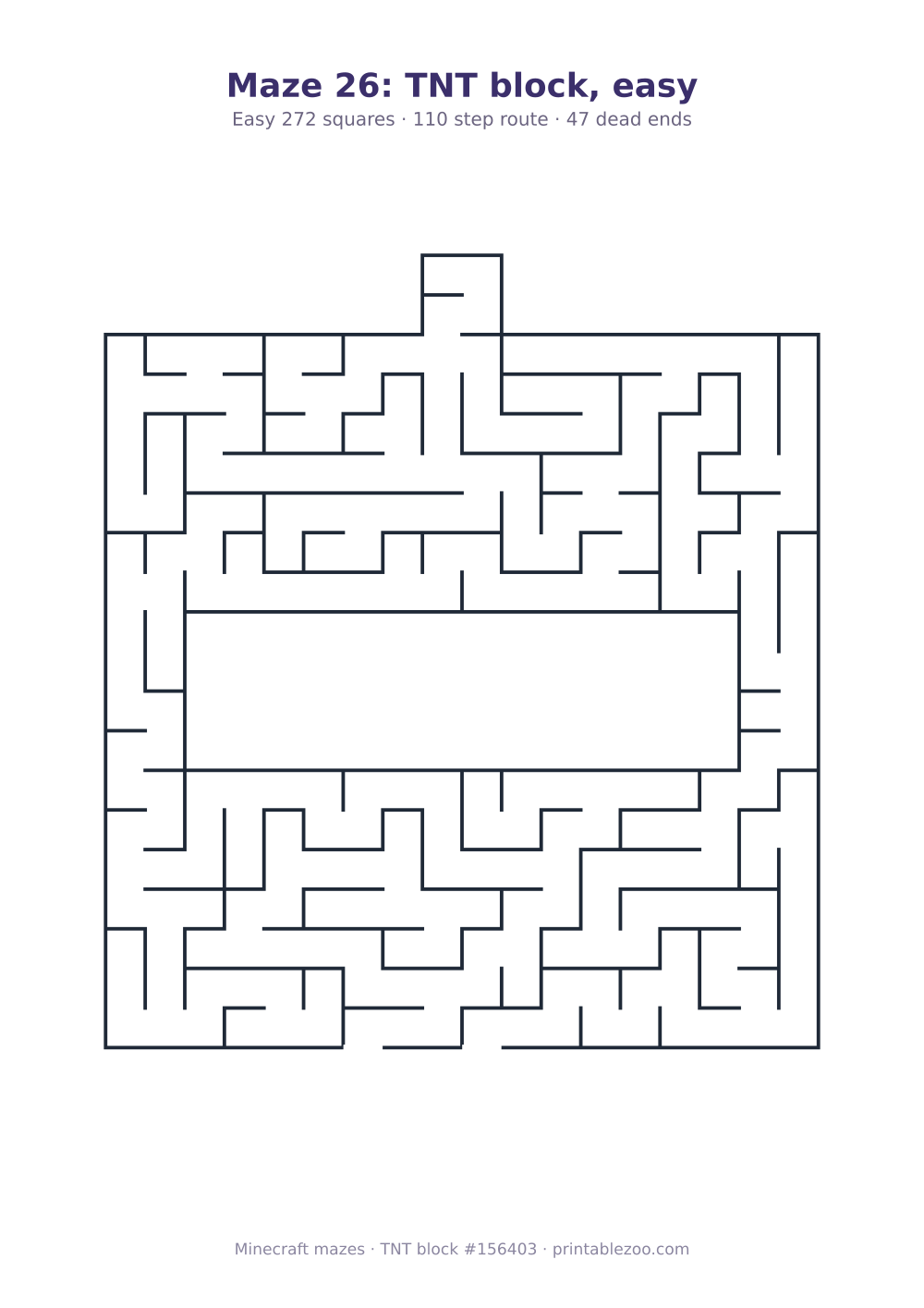 Printable tnt block shaped maze, 272 squares and 47 dead ends, puzzle 156403