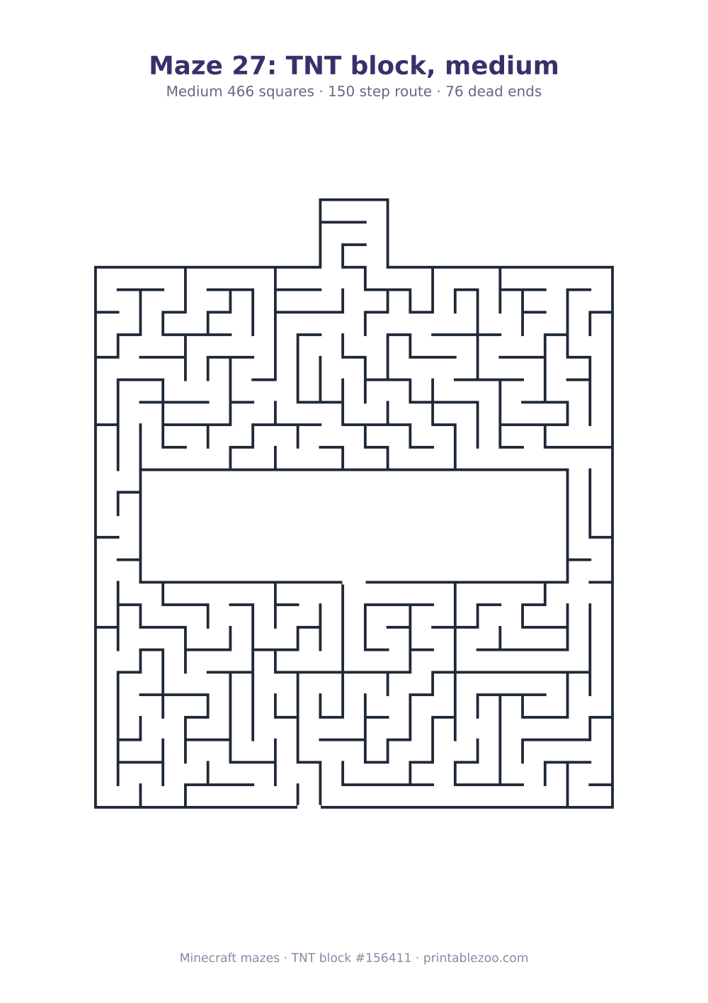 Printable tnt block shaped maze, 466 squares and 76 dead ends, puzzle 156411