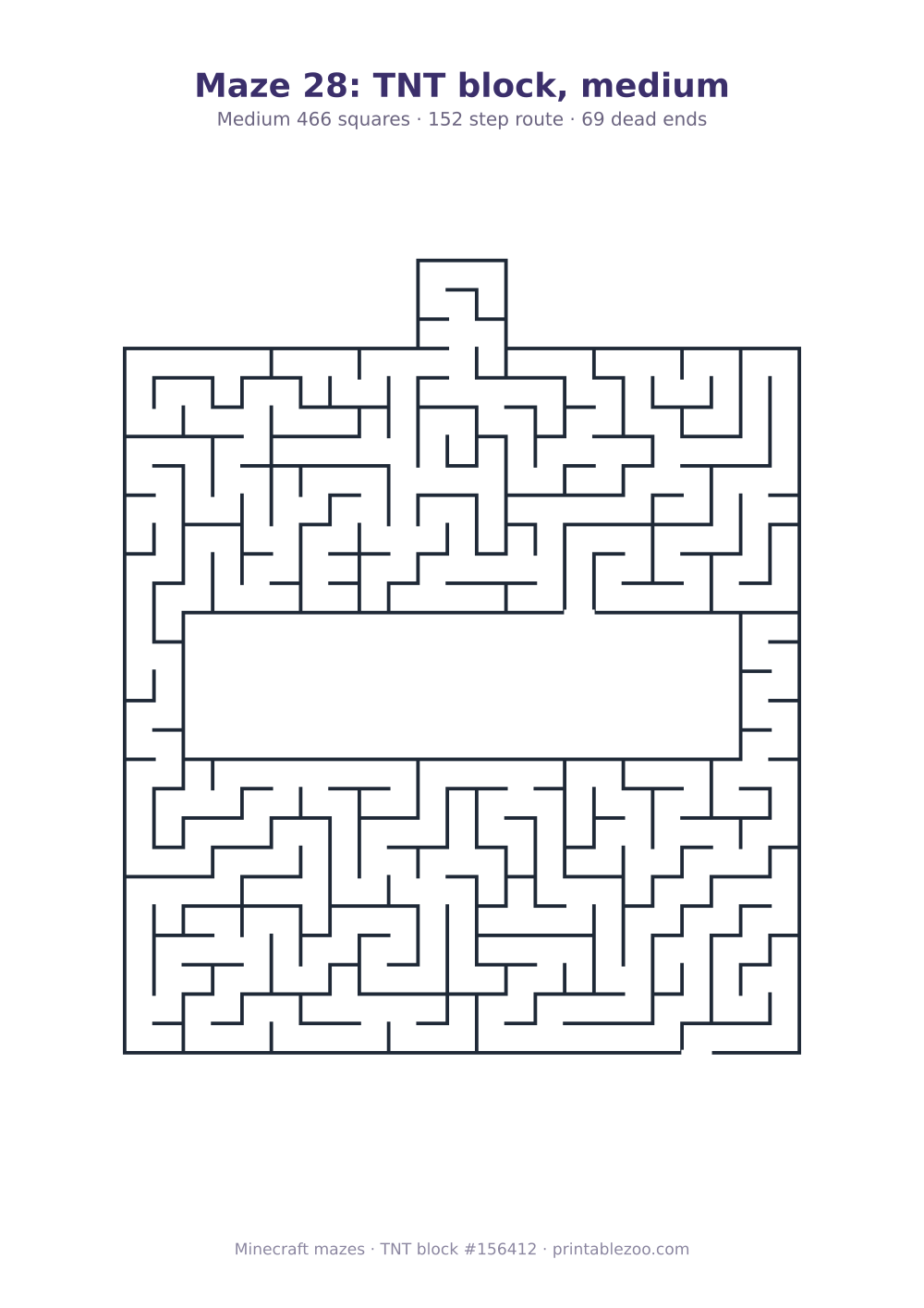 Printable tnt block shaped maze, 466 squares and 69 dead ends, puzzle 156412
