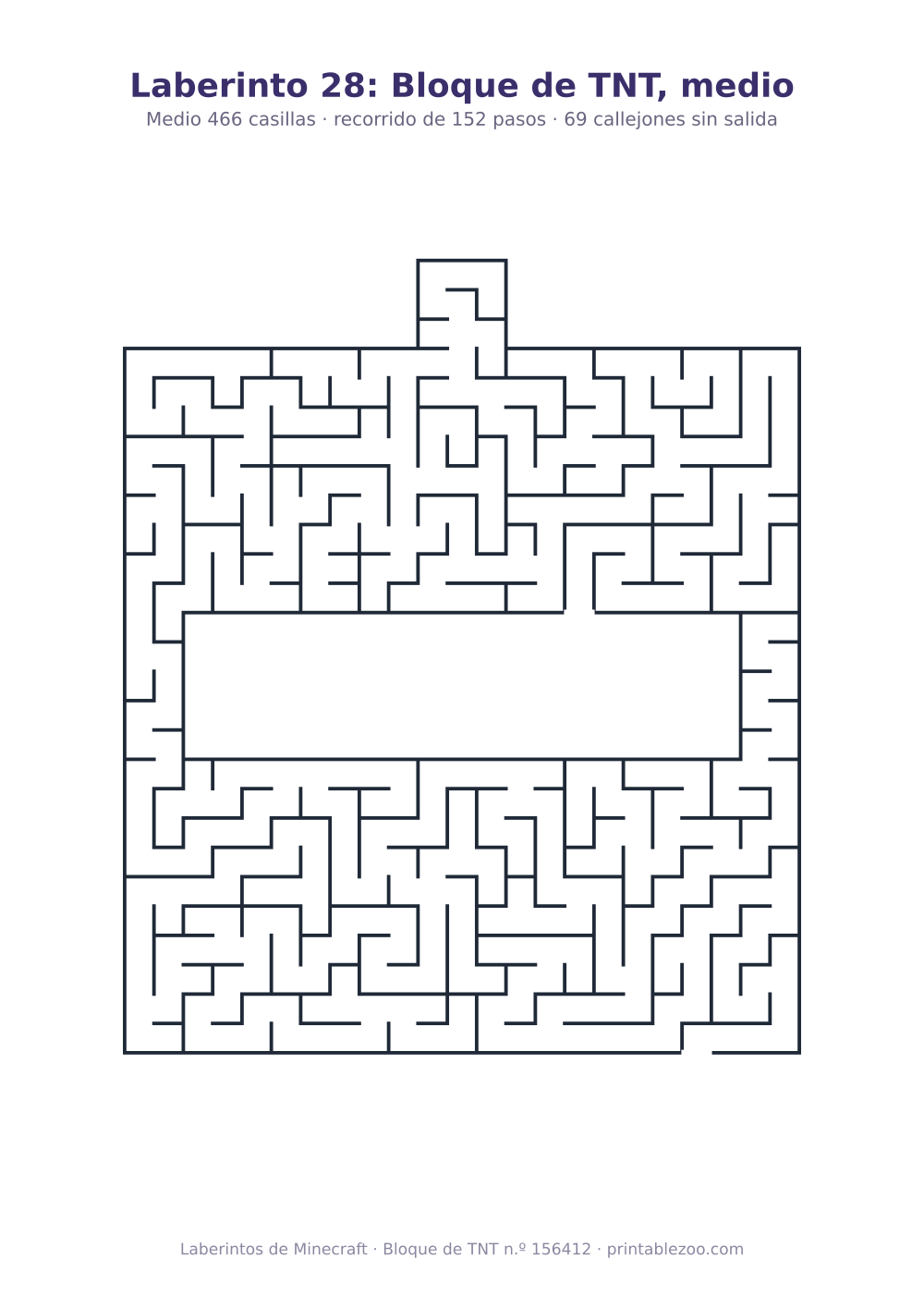 Laberinto para imprimir con forma de bloque de tnt, 466 casillas y 69 callejones sin salida, pasatiempo 156412