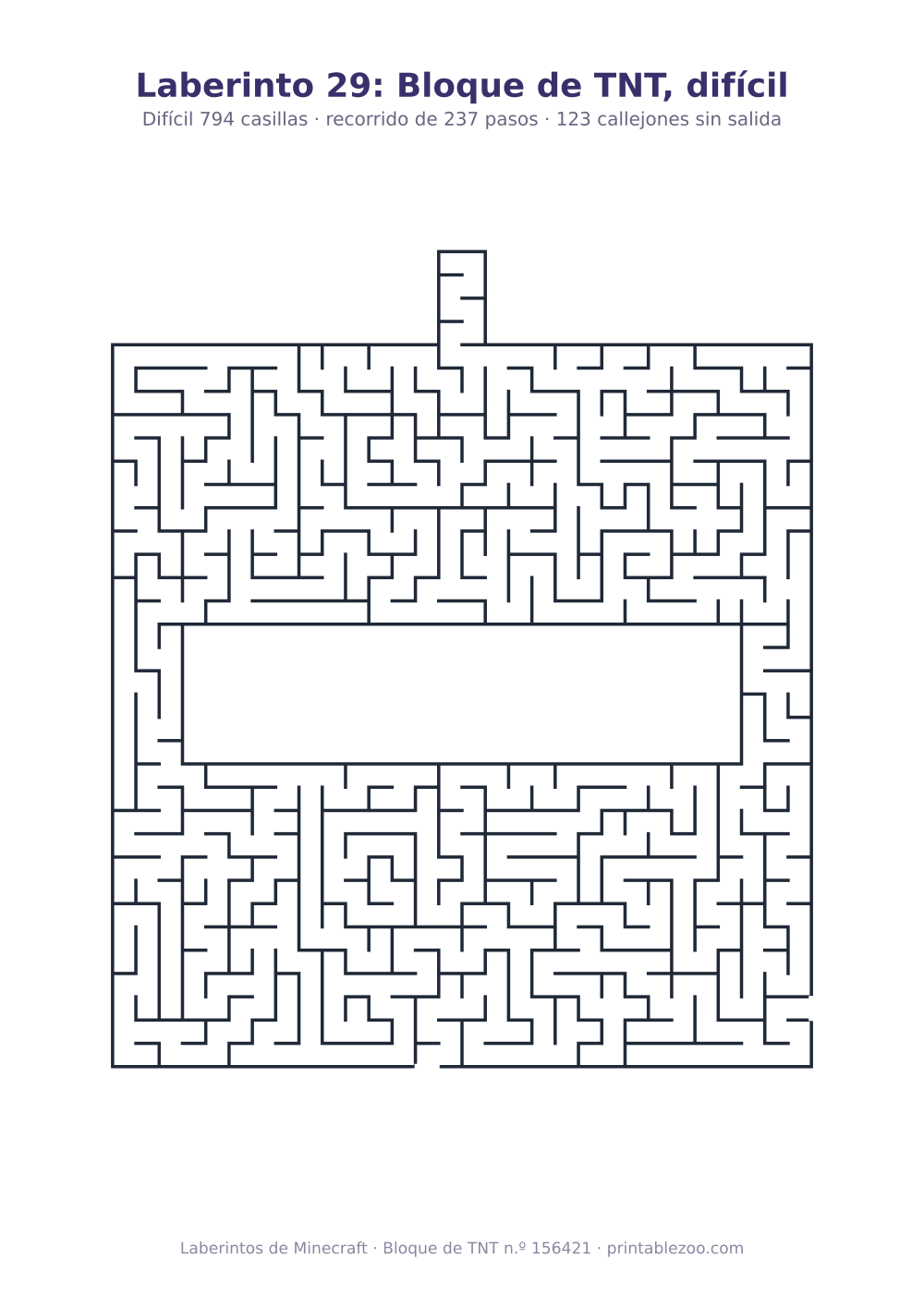 Laberinto para imprimir con forma de bloque de tnt, 794 casillas y 123 callejones sin salida, pasatiempo 156421