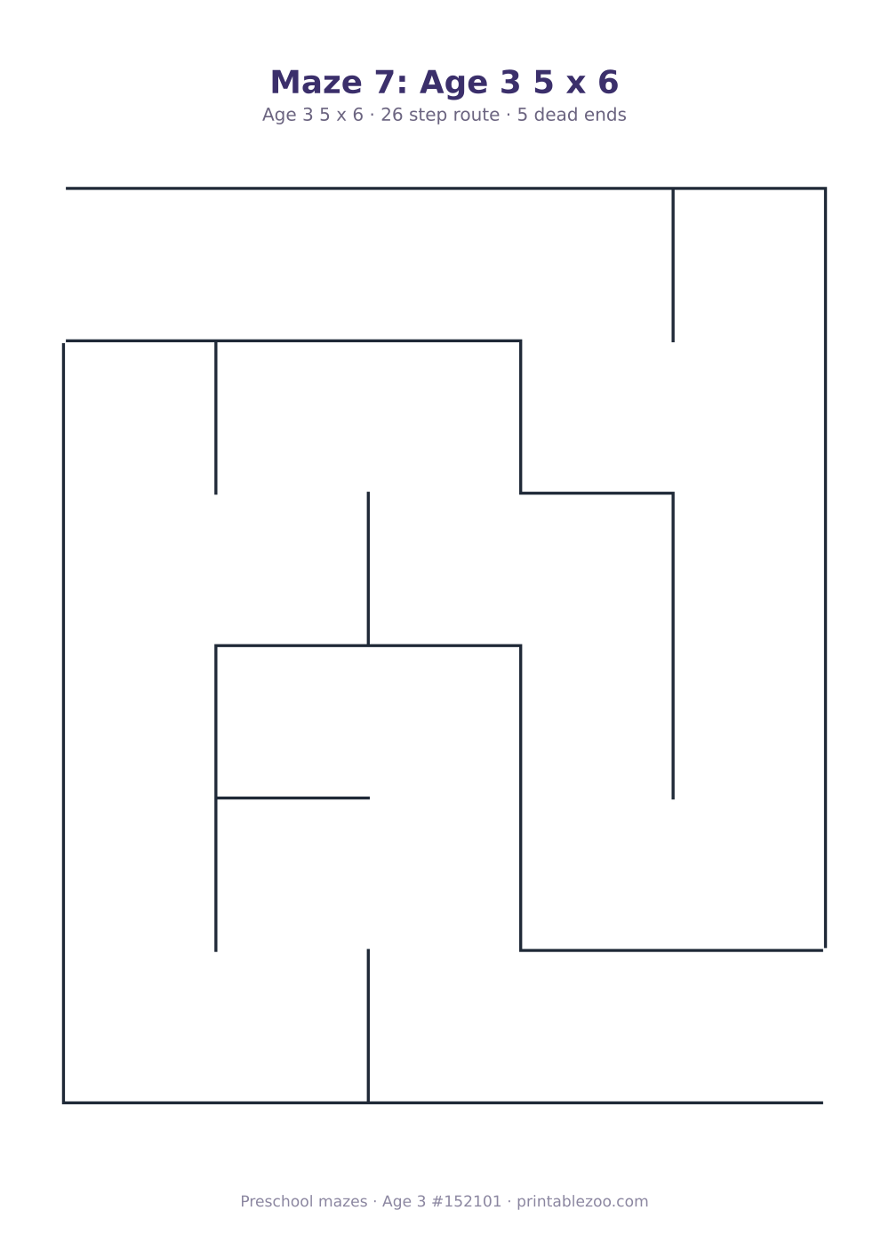 Printable preschool maze, age 3, a 5 by 6 grid with 36mm squares, puzzle 152101