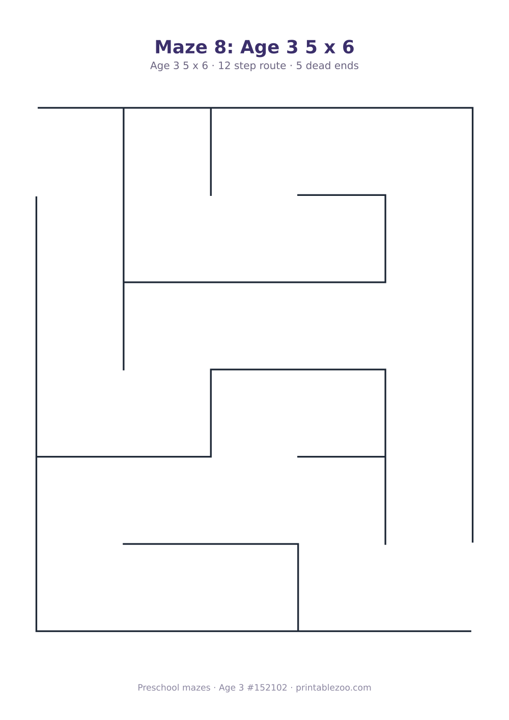 Printable preschool maze, age 3, a 5 by 6 grid with 36mm squares, puzzle 152102