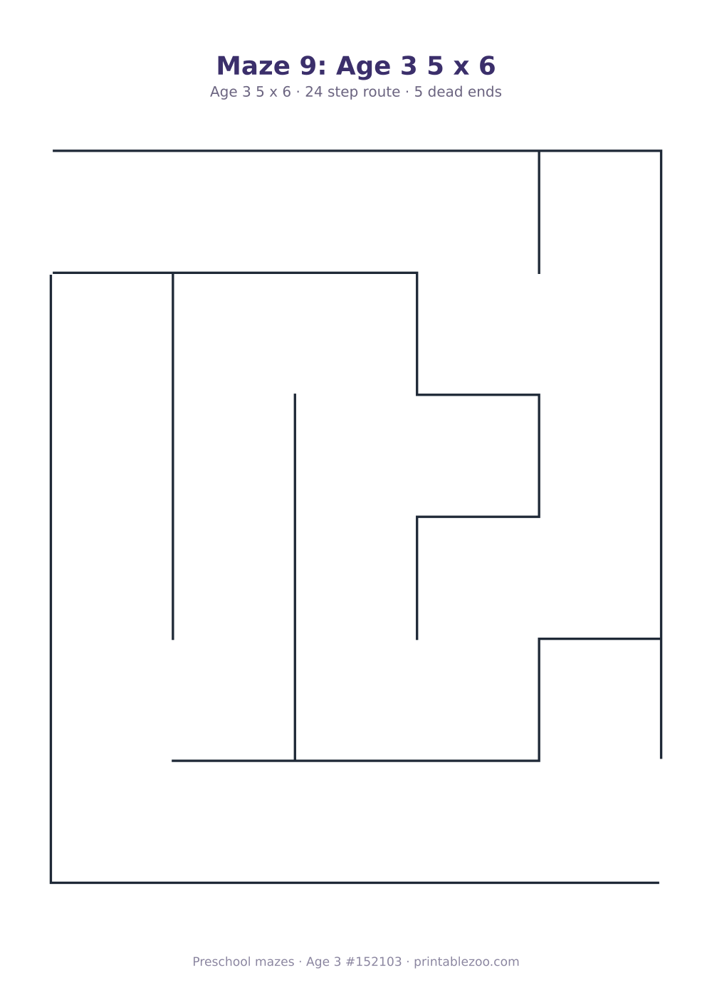 Printable preschool maze, age 3, a 5 by 6 grid with 36mm squares, puzzle 152103