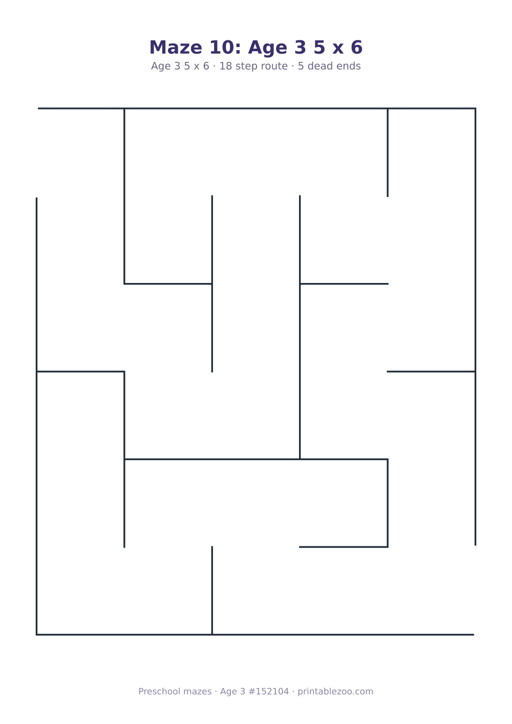 Printable preschool maze, age 3, a 5 by 6 grid with 36mm squares, puzzle 152104
