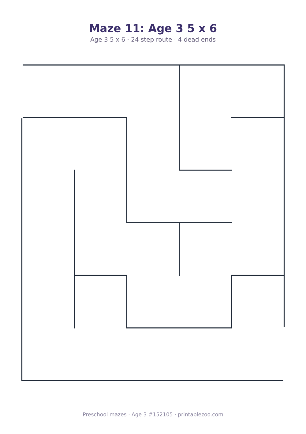 Printable preschool maze, age 3, a 5 by 6 grid with 36mm squares, puzzle 152105