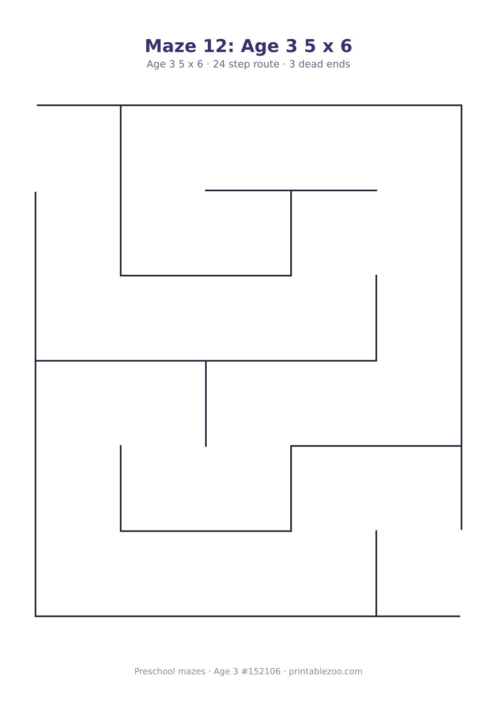 Printable preschool maze, age 3, a 5 by 6 grid with 36mm squares, puzzle 152106