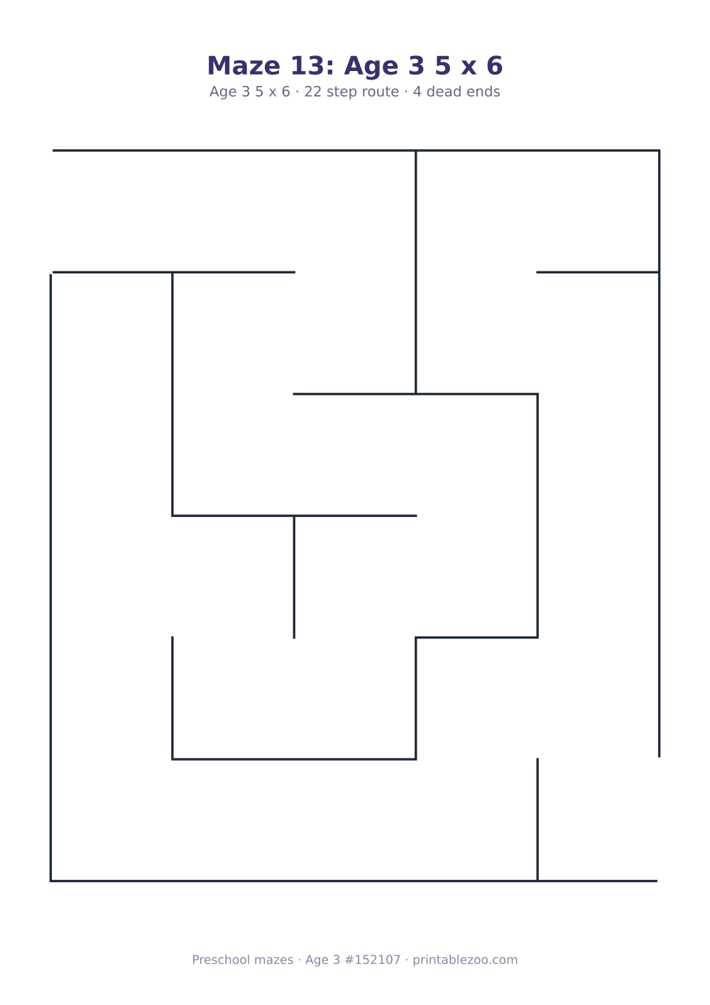 Printable preschool maze, age 3, a 5 by 6 grid with 36mm squares, puzzle 152107