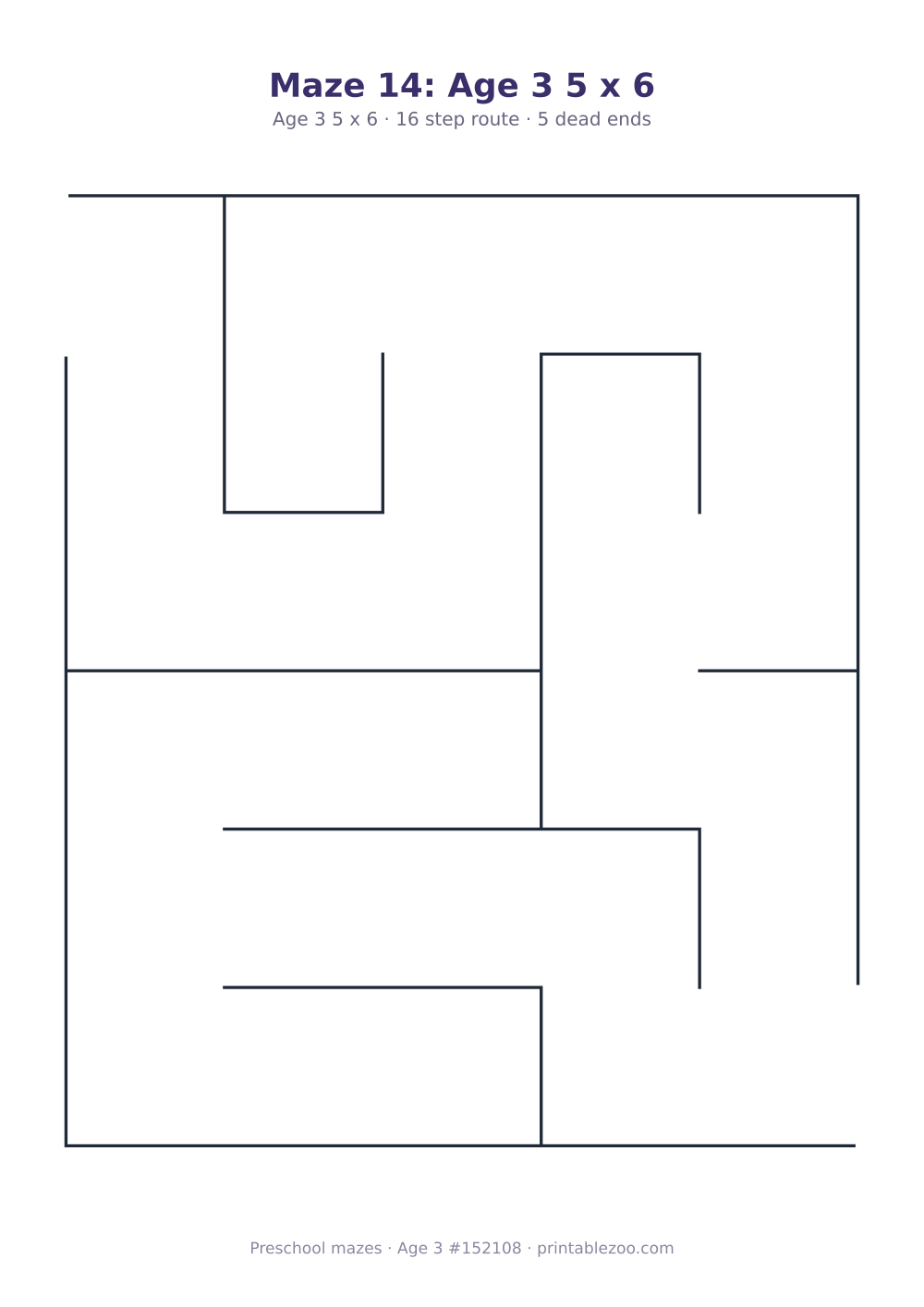 Printable preschool maze, age 3, a 5 by 6 grid with 36mm squares, puzzle 152108