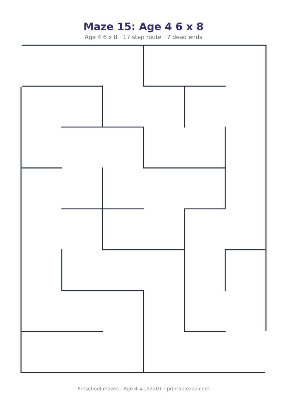 Printable preschool maze, age 4, a 6 by 8 grid with 29.88mm squares, puzzle 152201