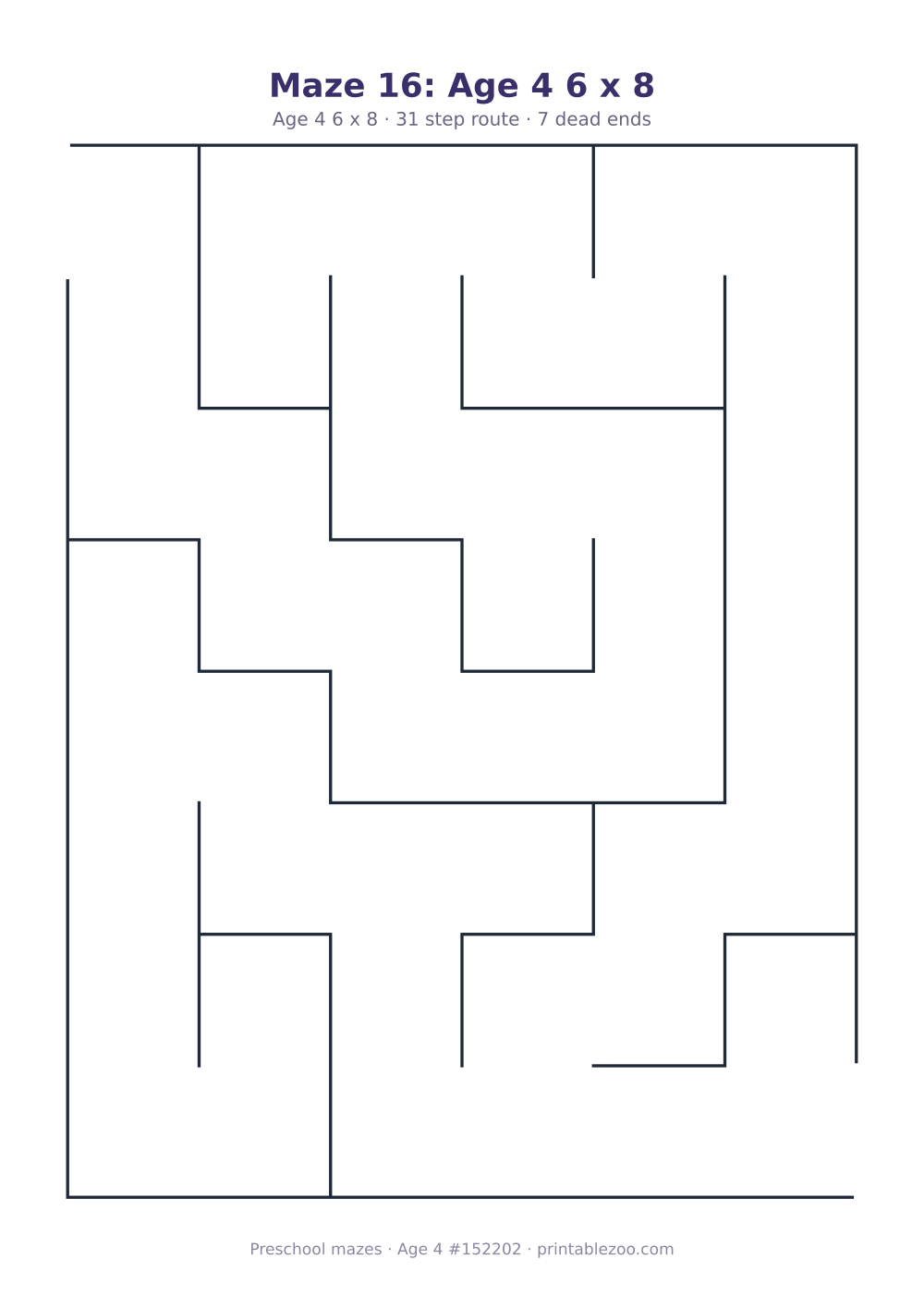 Printable preschool maze, age 4, a 6 by 8 grid with 29.88mm squares, puzzle 152202