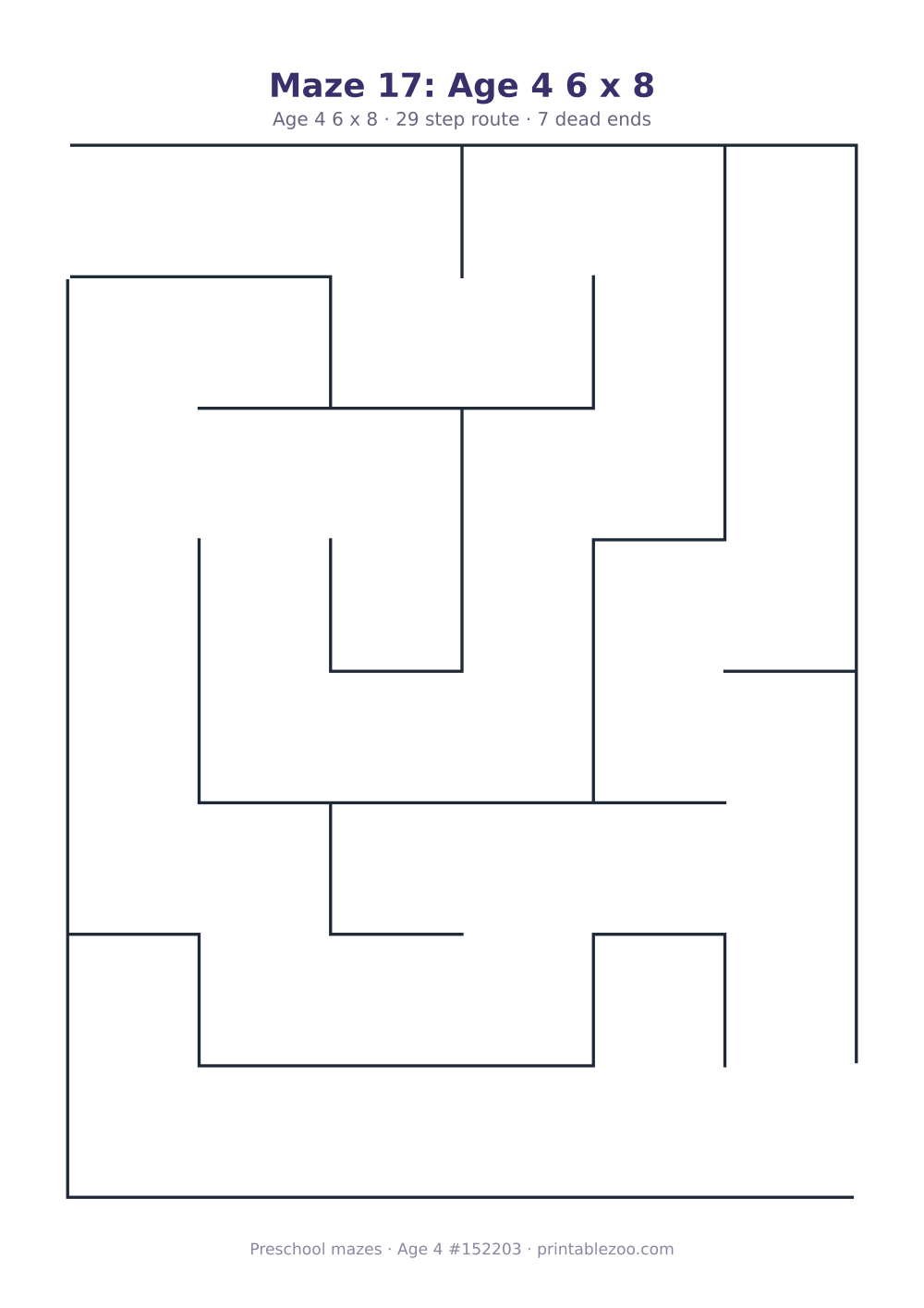 Printable preschool maze, age 4, a 6 by 8 grid with 29.88mm squares, puzzle 152203