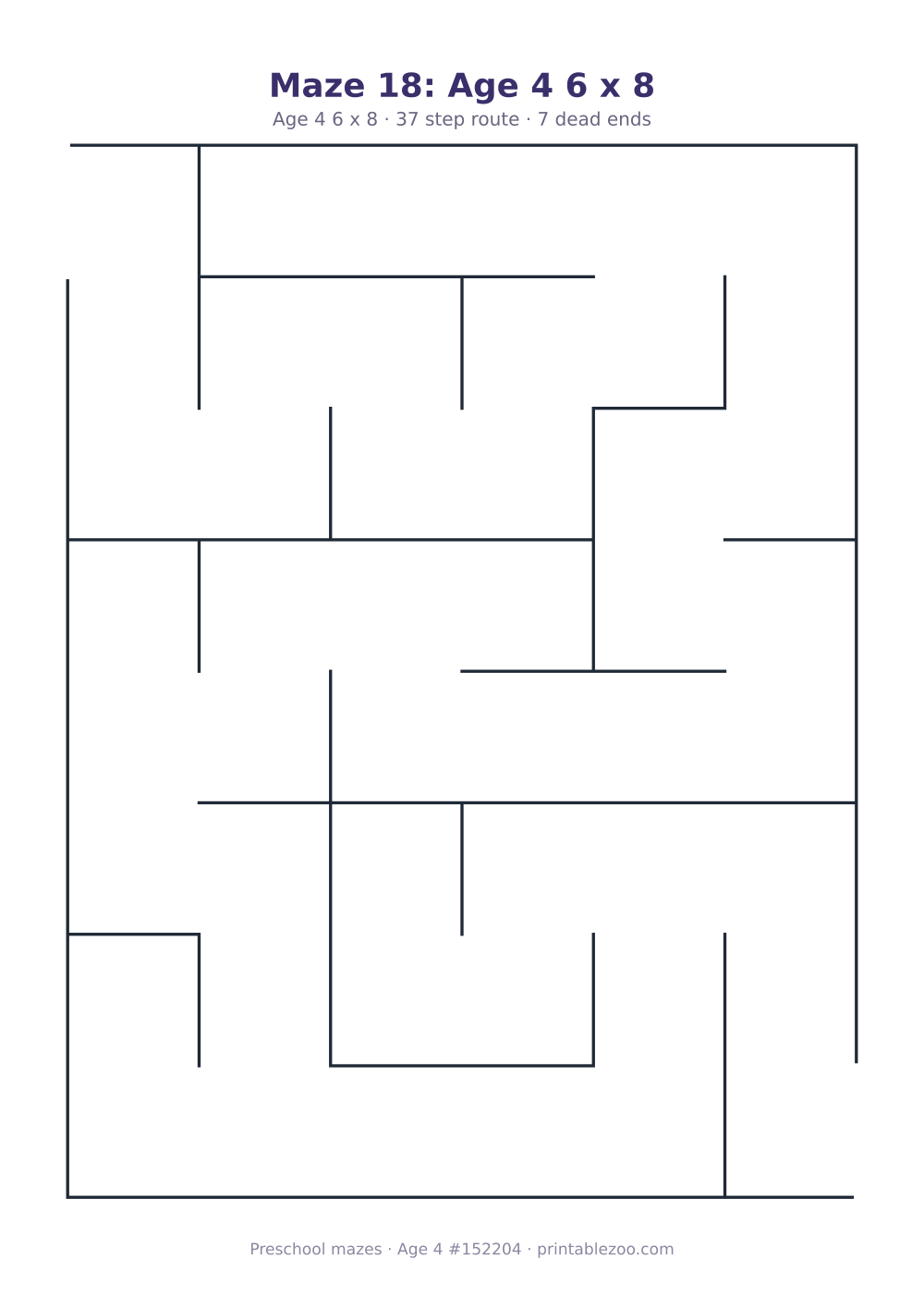 Printable preschool maze, age 4, a 6 by 8 grid with 29.88mm squares, puzzle 152204