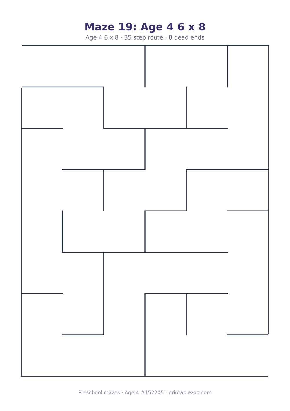 Printable preschool maze, age 4, a 6 by 8 grid with 29.88mm squares, puzzle 152205