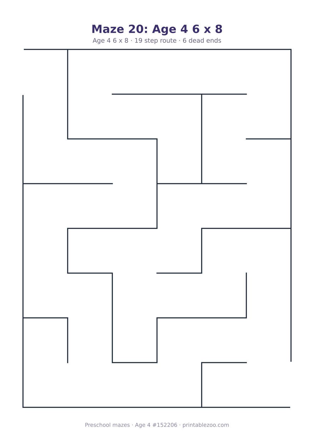 Printable preschool maze, age 4, a 6 by 8 grid with 29.88mm squares, puzzle 152206