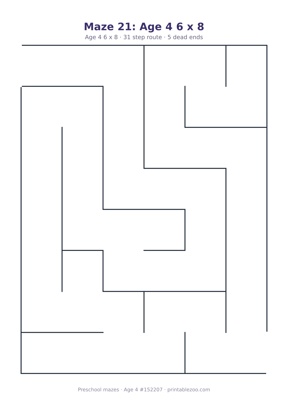 Printable preschool maze, age 4, a 6 by 8 grid with 29.88mm squares, puzzle 152207