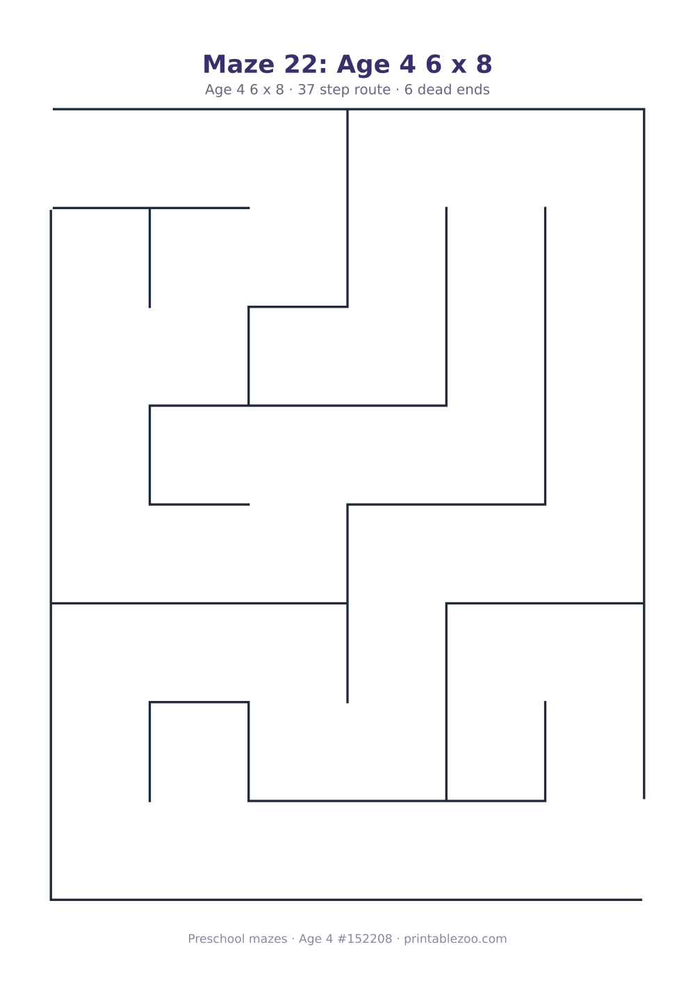 Printable preschool maze, age 4, a 6 by 8 grid with 29.88mm squares, puzzle 152208