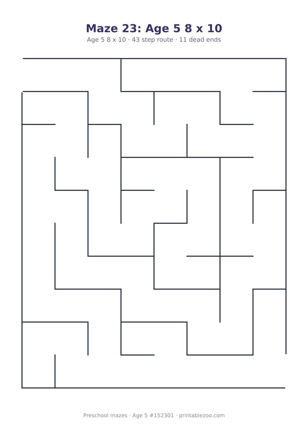 Printable preschool maze, age 5, a 8 by 10 grid with 22.5mm squares, puzzle 152301