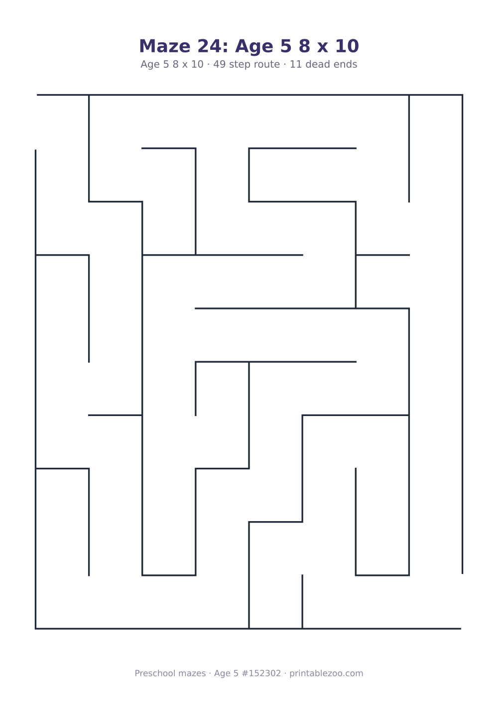 Printable preschool maze, age 5, a 8 by 10 grid with 22.5mm squares, puzzle 152302