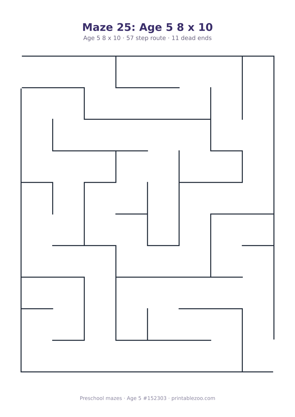 Printable preschool maze, age 5, a 8 by 10 grid with 22.5mm squares, puzzle 152303