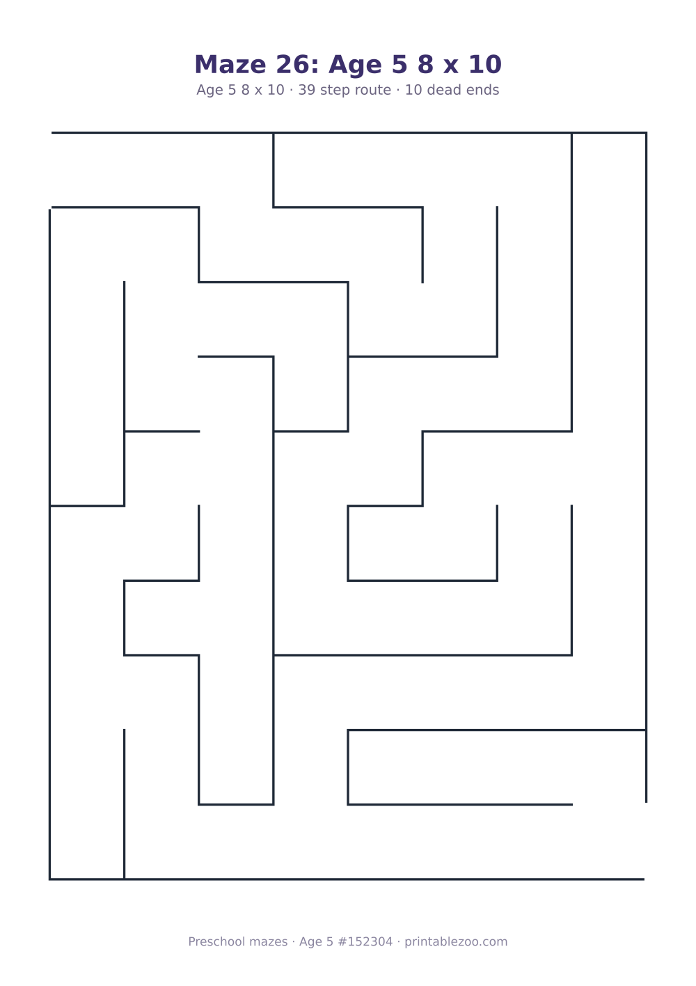 Printable preschool maze, age 5, a 8 by 10 grid with 22.5mm squares, puzzle 152304