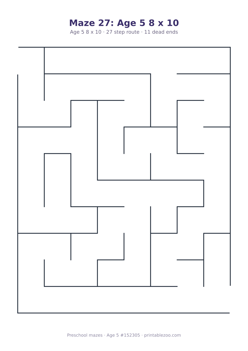 Printable preschool maze, age 5, a 8 by 10 grid with 22.5mm squares, puzzle 152305