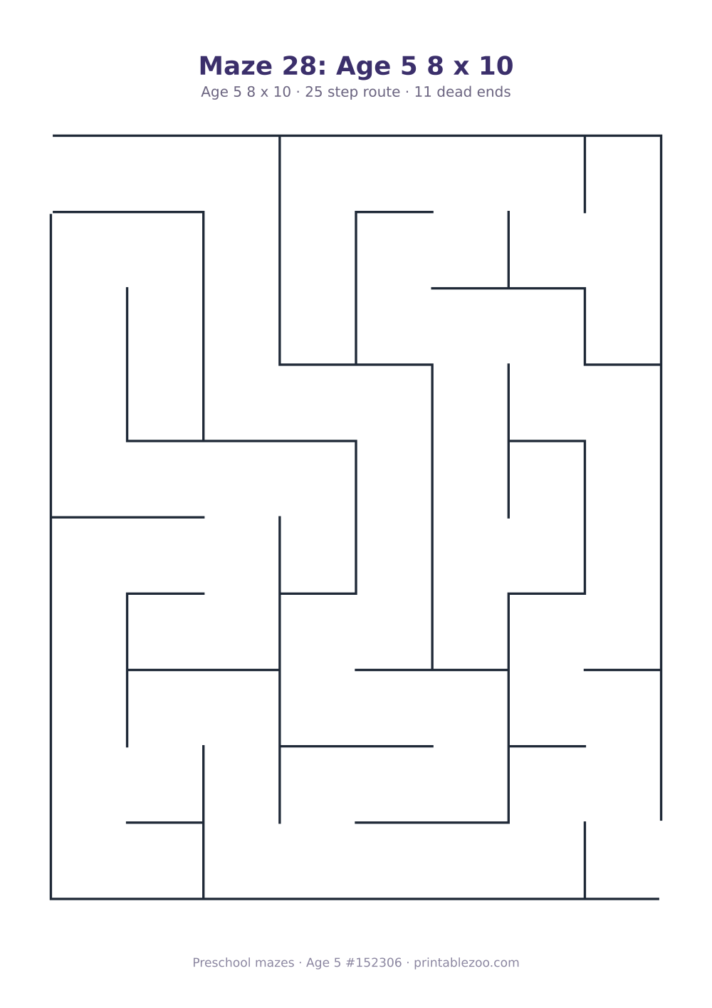 Printable preschool maze, age 5, a 8 by 10 grid with 22.5mm squares, puzzle 152306
