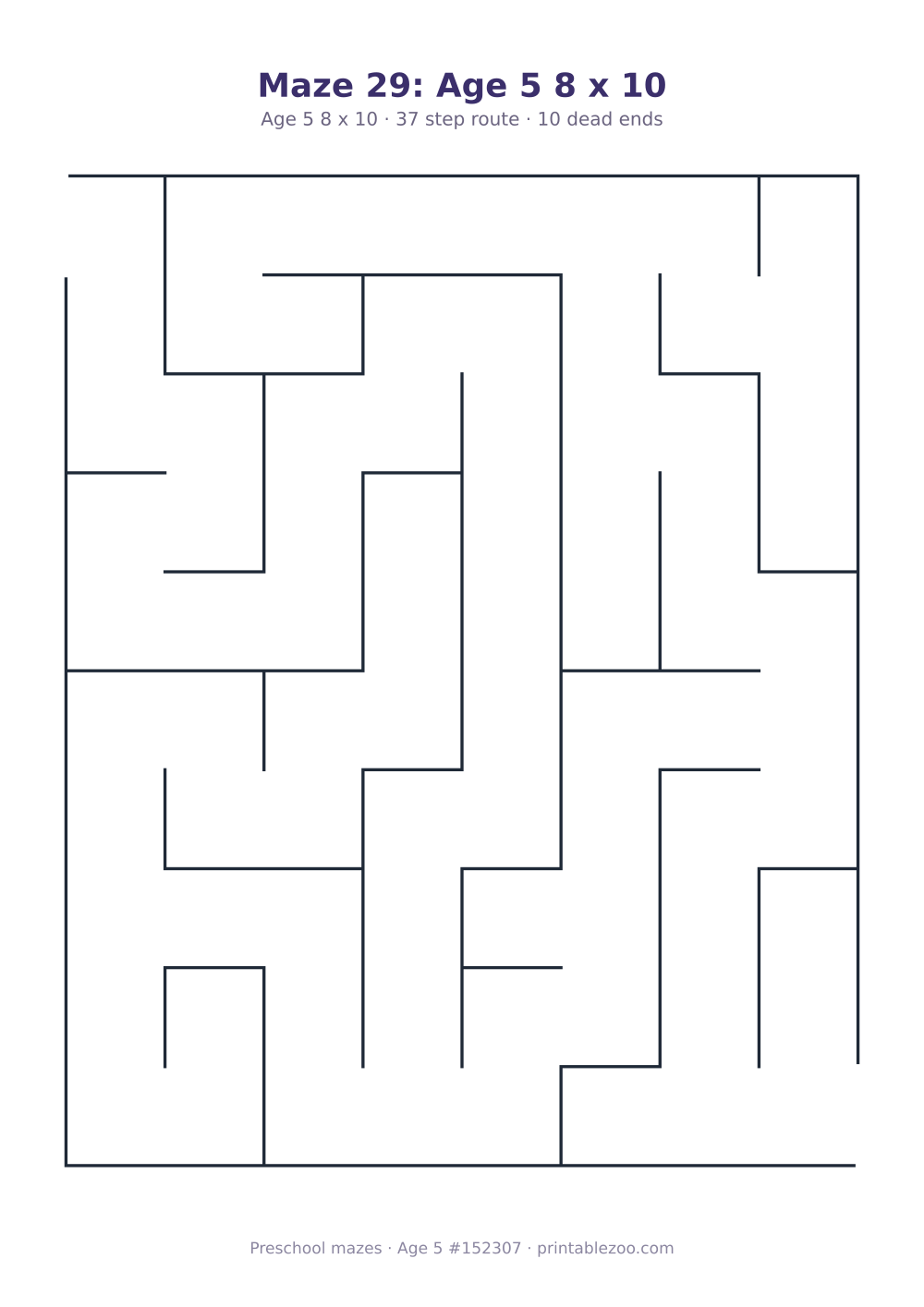 Printable preschool maze, age 5, a 8 by 10 grid with 22.5mm squares, puzzle 152307