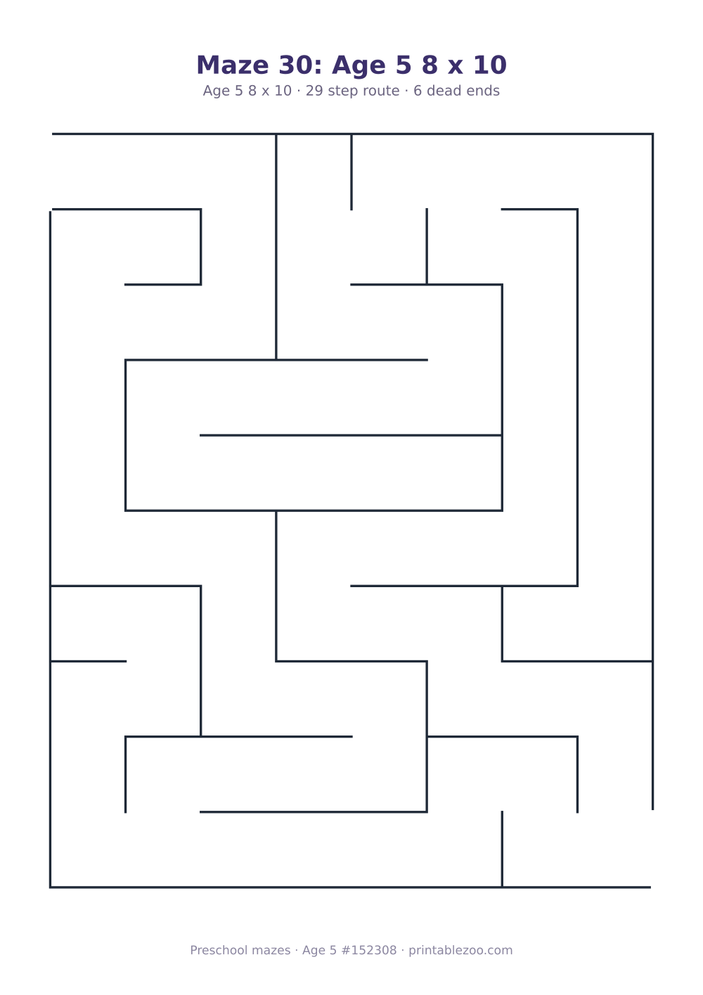 Printable preschool maze, age 5, a 8 by 10 grid with 22.5mm squares, puzzle 152308
