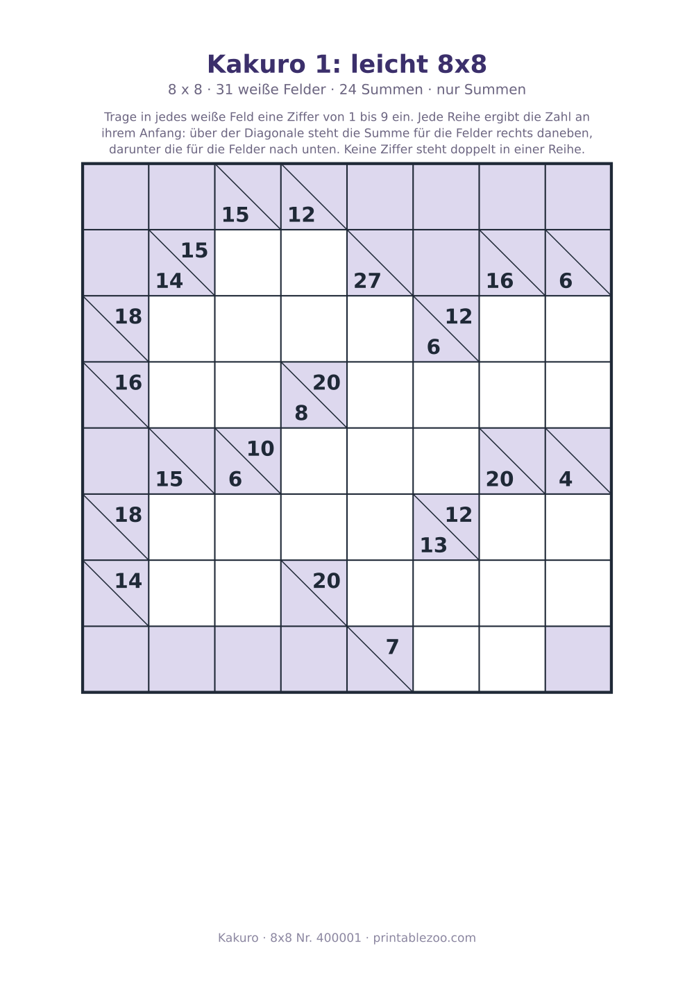 Kakuro zum Ausdrucken, 8x8 mit 31 weißen Feldern und 24 Summen, Stufe nur Summen, Rätsel 400001
