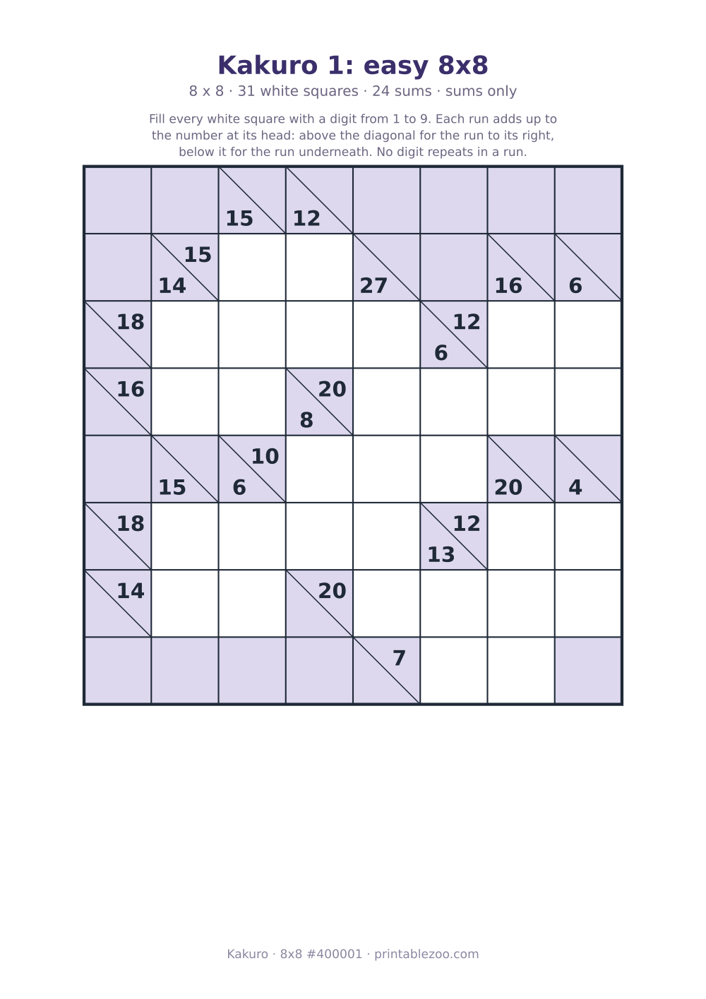 Printable kakuro puzzle, 8x8 with 31 white squares and 24 sums, sums only, puzzle 400001