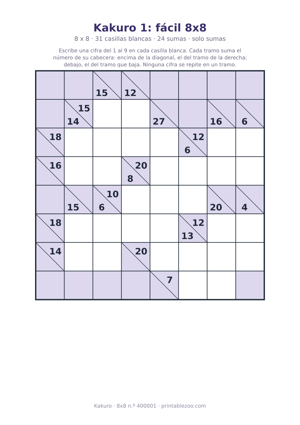 Kakuro para imprimir de 8x8, 31 casillas blancas y 24 sumas, nivel solo sumas, pasatiempo 400001