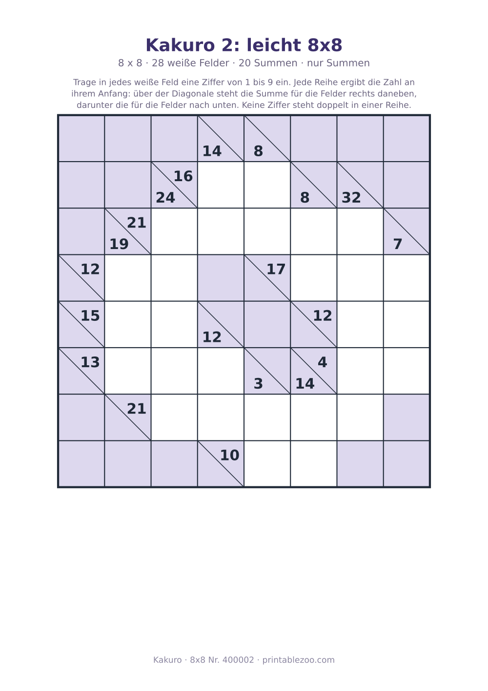 Kakuro zum Ausdrucken, 8x8 mit 28 weißen Feldern und 20 Summen, Stufe nur Summen, Rätsel 400002