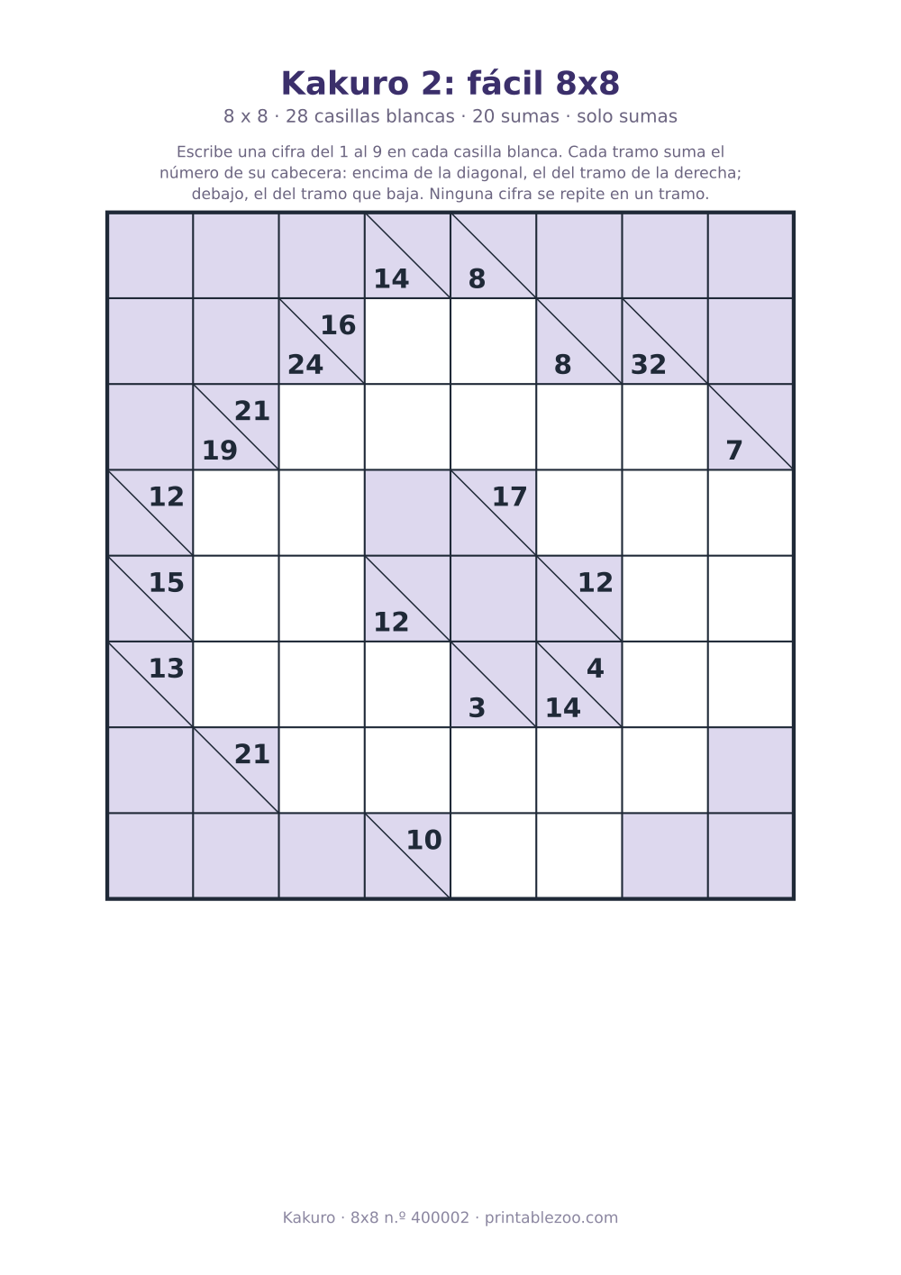 Kakuro para imprimir de 8x8, 28 casillas blancas y 20 sumas, nivel solo sumas, pasatiempo 400002