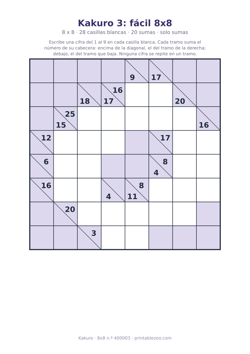 Kakuro para imprimir de 8x8, 28 casillas blancas y 20 sumas, nivel solo sumas, pasatiempo 400003