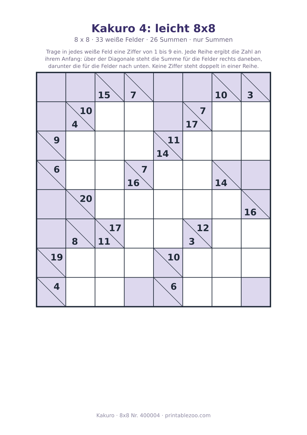 Kakuro zum Ausdrucken, 8x8 mit 33 weißen Feldern und 26 Summen, Stufe nur Summen, Rätsel 400004