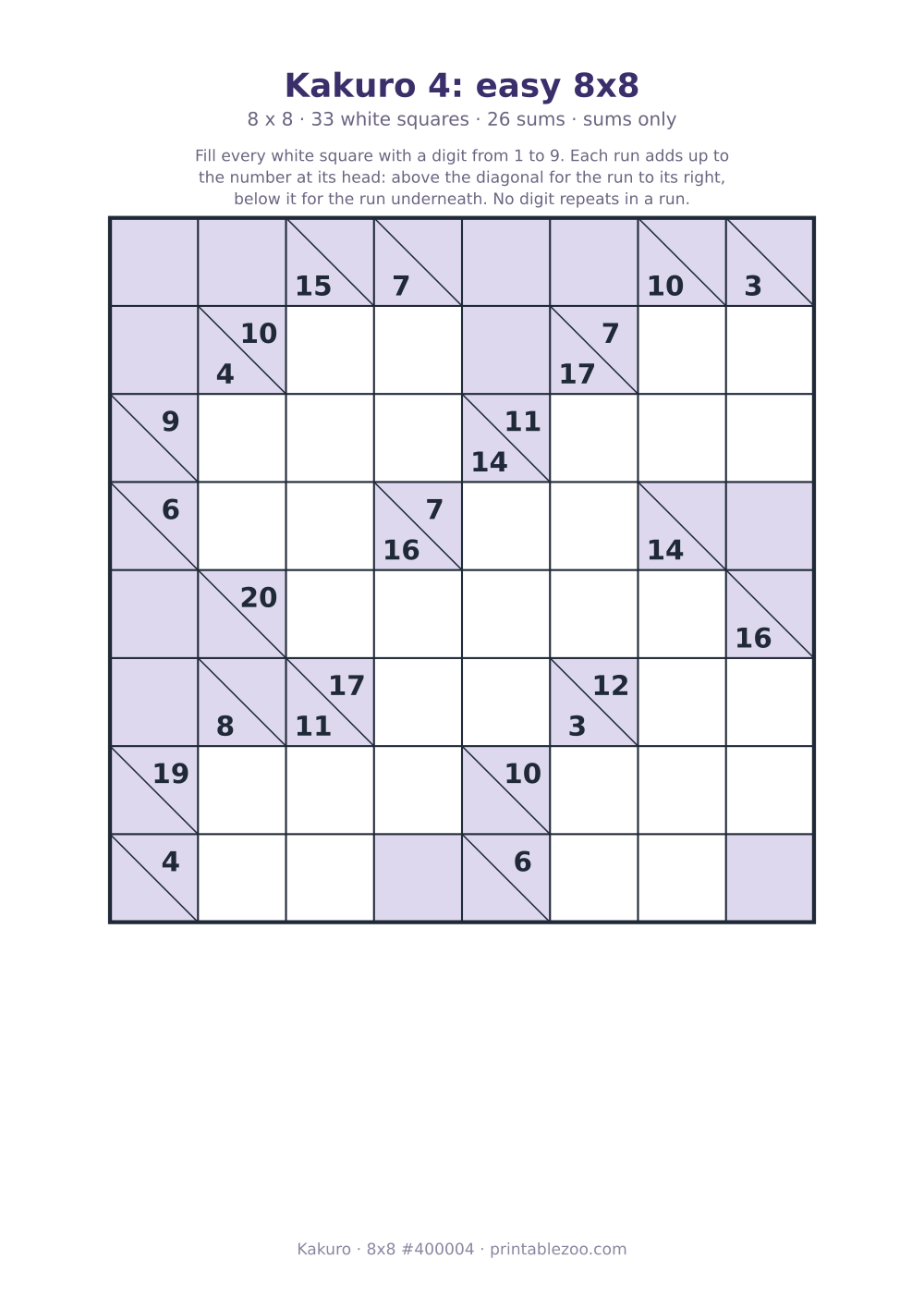 Printable kakuro puzzle, 8x8 with 33 white squares and 26 sums, sums only, puzzle 400004