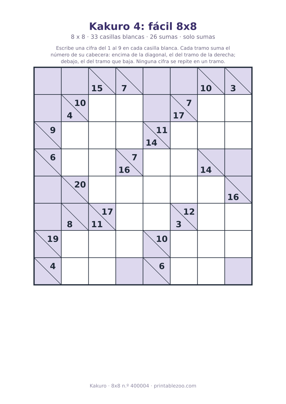 Kakuro para imprimir de 8x8, 33 casillas blancas y 26 sumas, nivel solo sumas, pasatiempo 400004