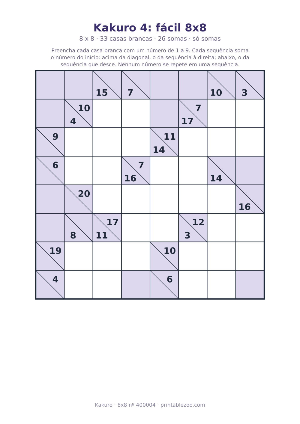 Kakuro para imprimir de 8x8, 33 casas brancas e 26 somas, nível só somas, desafio 400004