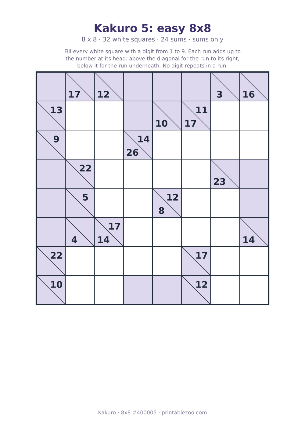 Printable kakuro puzzle, 8x8 with 32 white squares and 24 sums, sums only, puzzle 400005