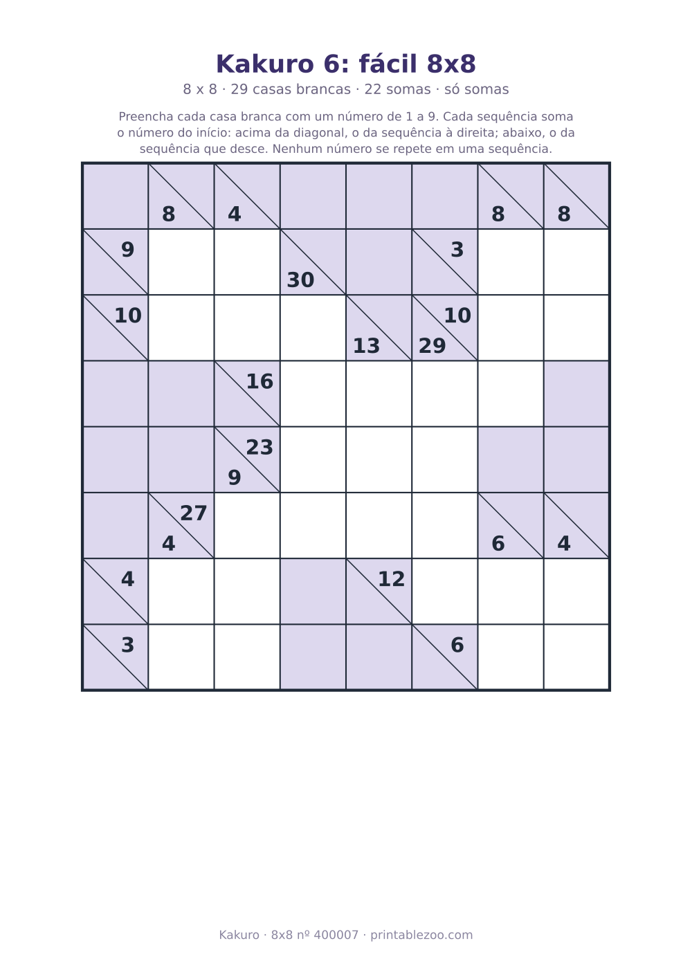 Kakuro para imprimir de 8x8, 29 casas brancas e 22 somas, nível só somas, desafio 400007