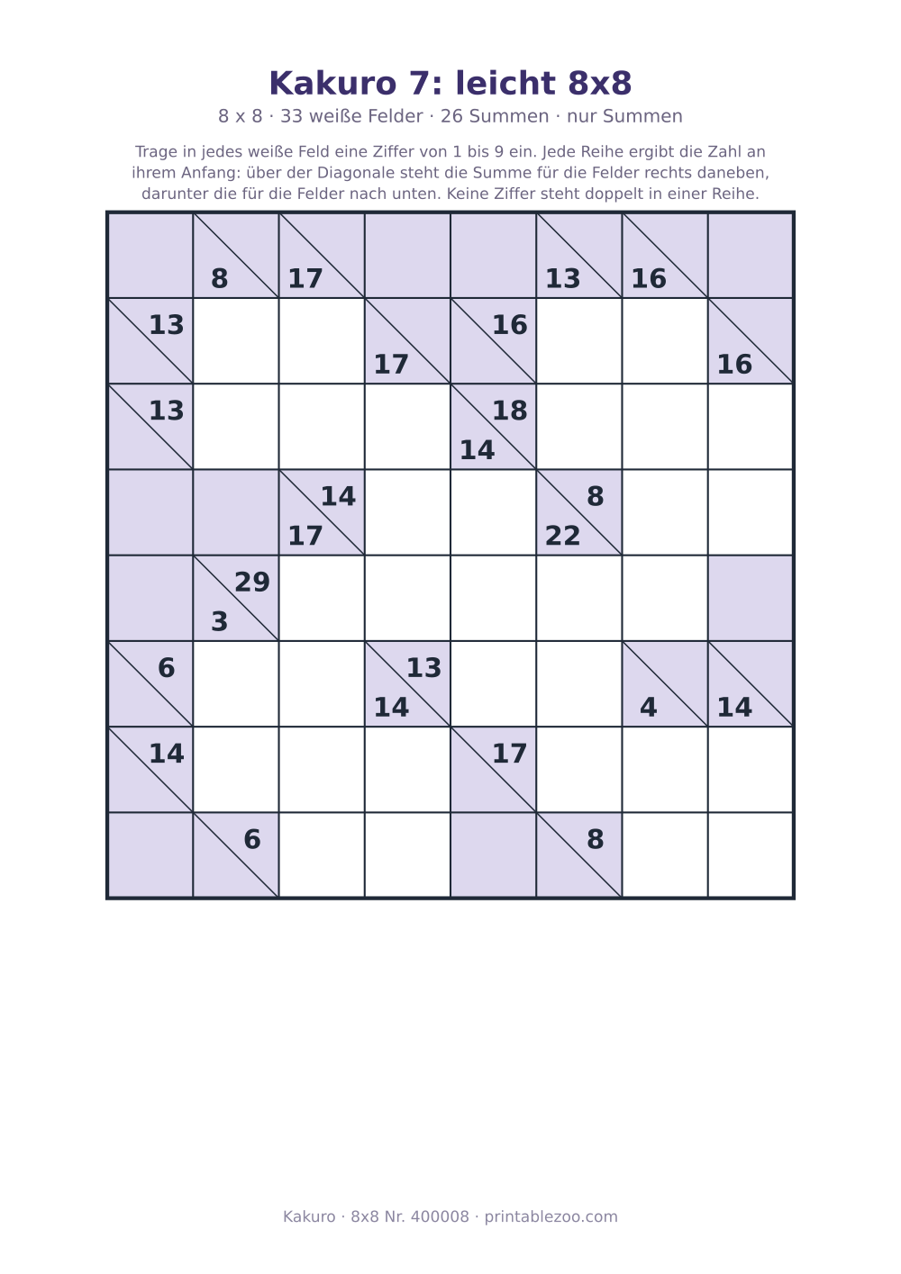 Kakuro zum Ausdrucken, 8x8 mit 33 weißen Feldern und 26 Summen, Stufe nur Summen, Rätsel 400008