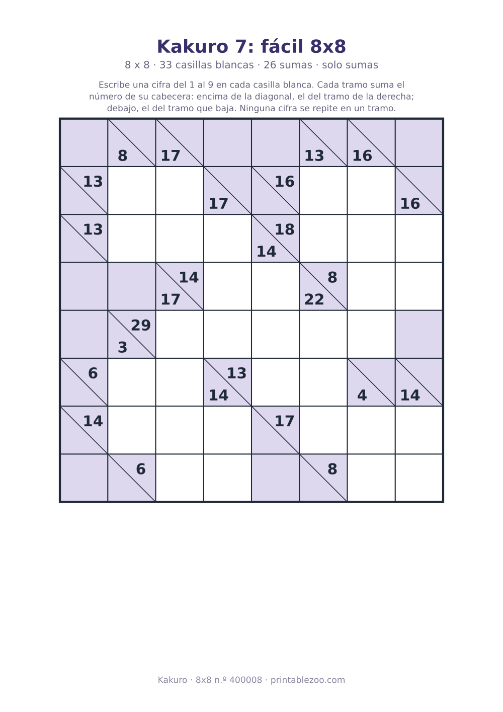 Kakuro para imprimir de 8x8, 33 casillas blancas y 26 sumas, nivel solo sumas, pasatiempo 400008