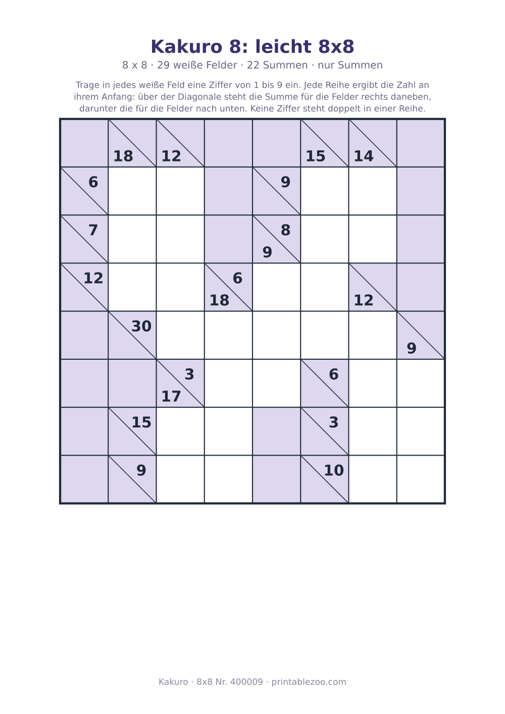Kakuro zum Ausdrucken, 8x8 mit 29 weißen Feldern und 22 Summen, Stufe nur Summen, Rätsel 400009